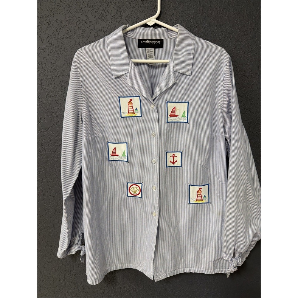 Sag Harbor Sport Large Nautical Embellished Long Sleeve Top